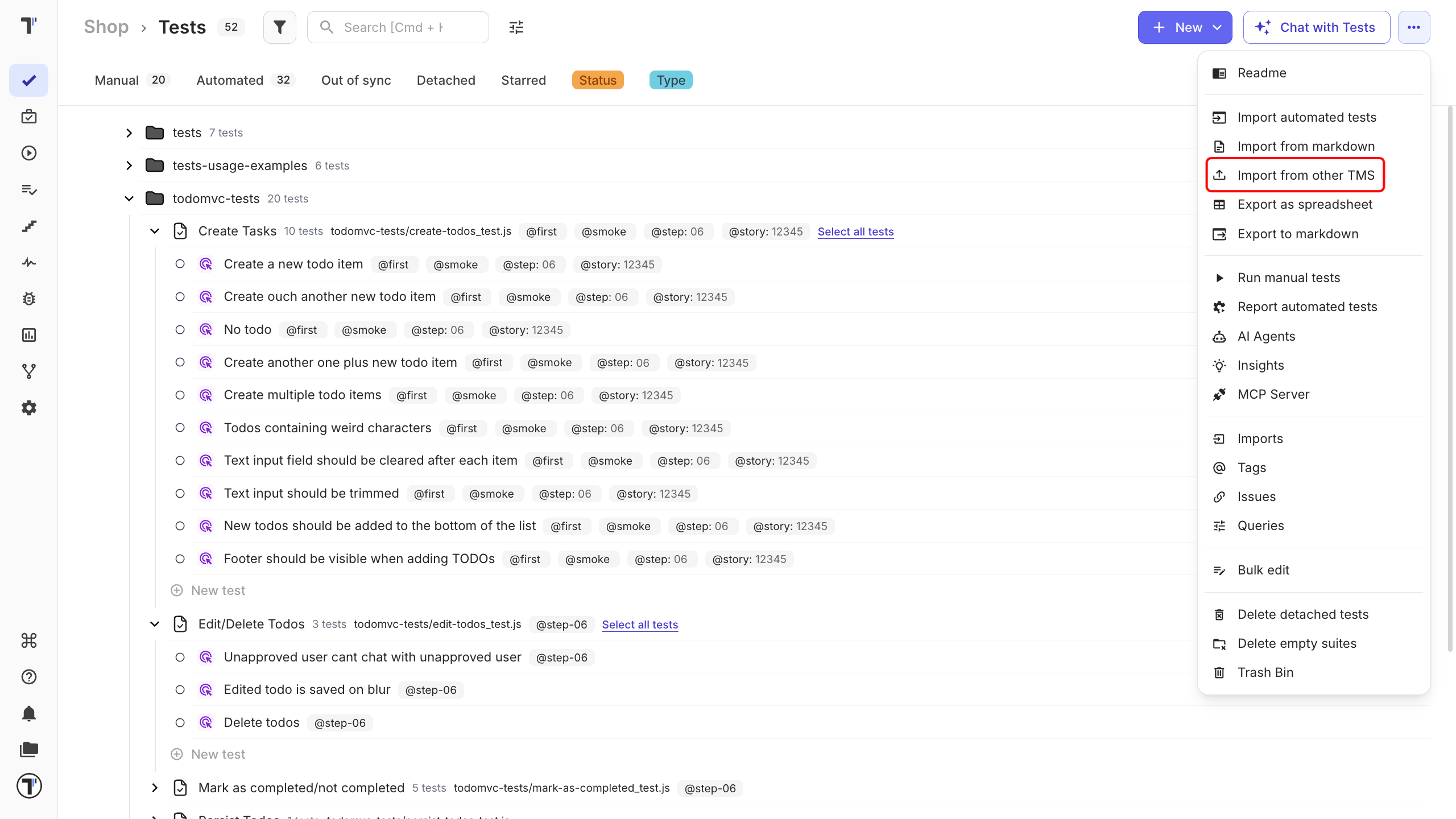 The ... menu on the Tests tab, with Import from other TMS